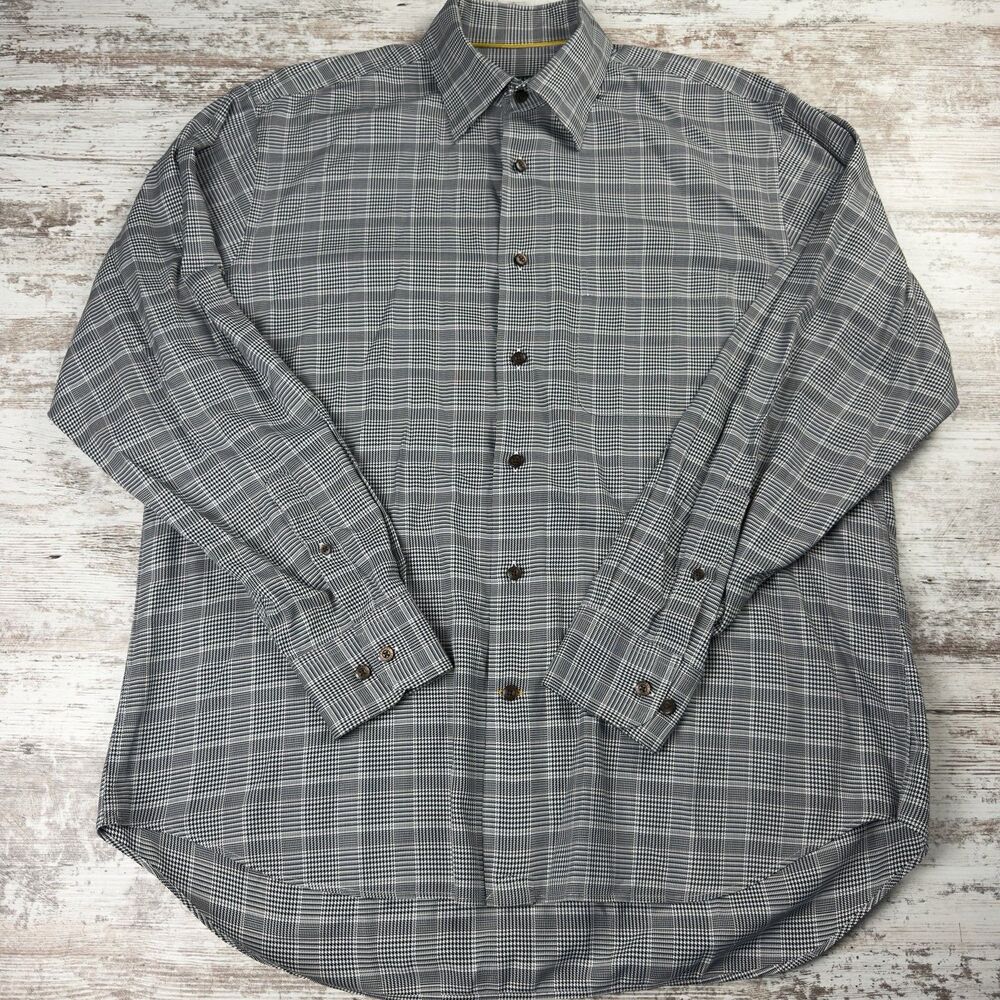 Robert Talbott Carmel Men's Large Glen Plaid Sport Shirt Cotton Gray Long Sleeve